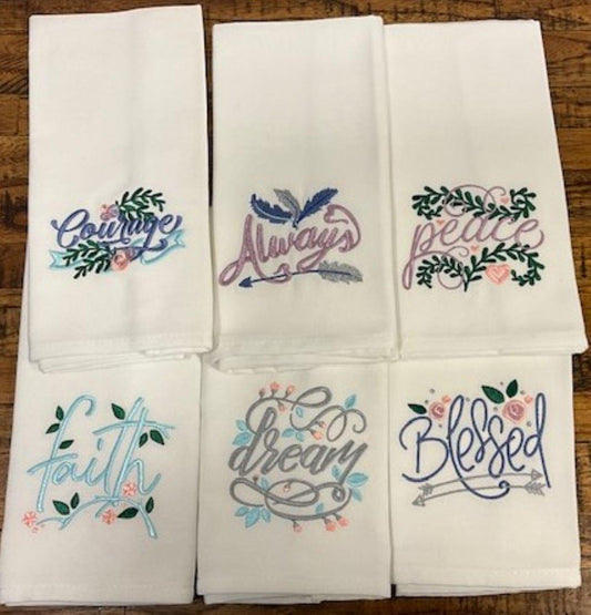 Inspirational Embroidered Cloth Napkins – Set of 6 | Faith, Courage, Dream & More | Elegant Dinner Napkins with Positive Words