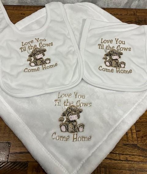 Highland Cow Baby Gift Set | Love You Til the Cows Come Home | Embroidered Bib, Burp Cloth & Lovie | Highland Cow Baby Gift