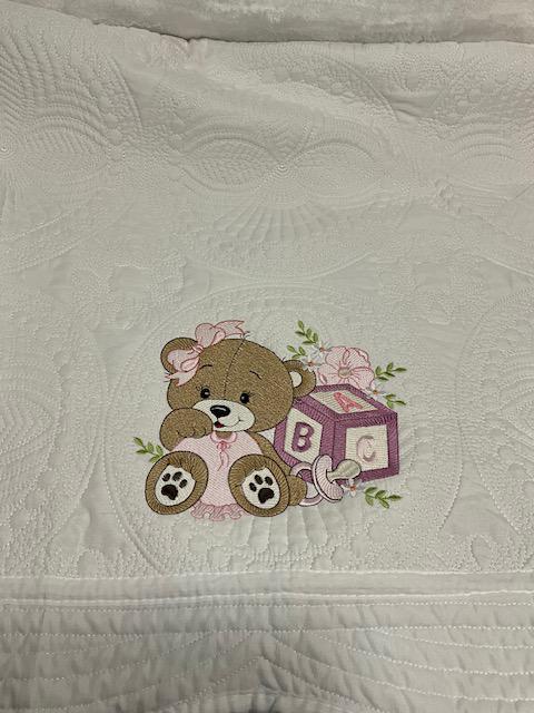 Pink Baby Girl Bear Quilt | Embroidered Bear with Blocks | Personalized Baby Blanket | Baby Shower Gift for Girls | Nursery Keepsake