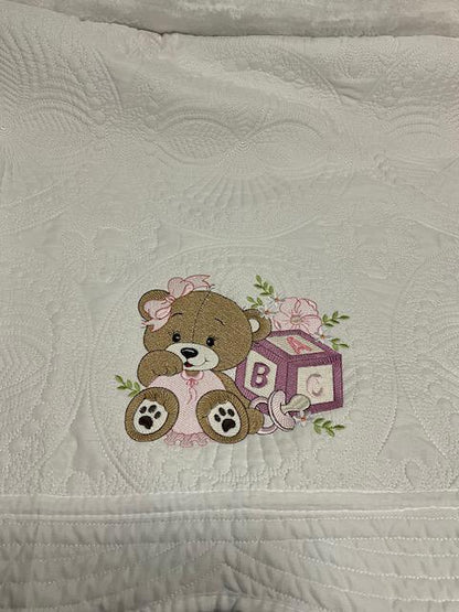 Pink Baby Girl Bear Quilt | Embroidered Bear with Blocks | Personalized Baby Blanket | Baby Shower Gift for Girls | Nursery Keepsake
