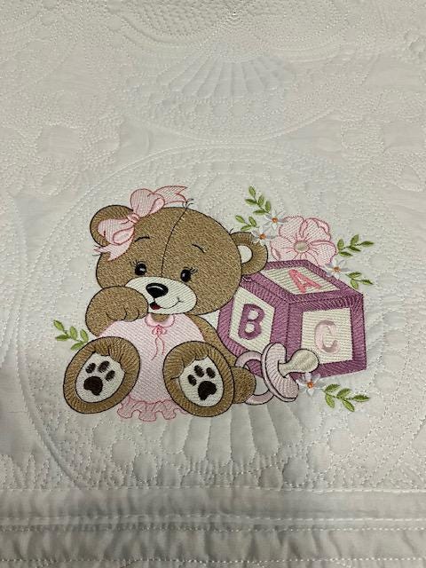 Pink Baby Girl Bear Quilt | Embroidered Bear with Blocks | Personalized Baby Blanket | Baby Shower Gift for Girls | Nursery Keepsake