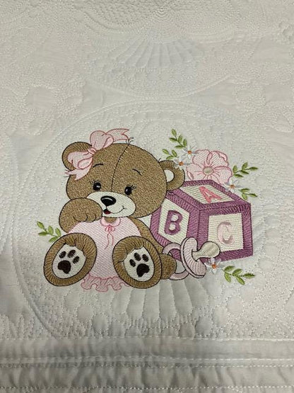 Pink Baby Girl Bear Quilt | Embroidered Bear with Blocks | Personalized Baby Blanket | Baby Shower Gift for Girls | Nursery Keepsake