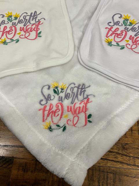 So Worth the Wait Baby Gift Set | Embroidered Bib, Burp Cloth & Lovie | Gender Neutral Baby Shower Gift | Choose Your Pieces
