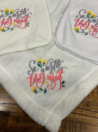 So Worth the Wait Baby Gift Set | Embroidered Bib, Burp Cloth & Lovie | Gender Neutral Baby Shower Gift | Choose Your Pieces