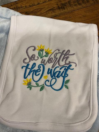 So Worth the Wait Baby Gift Set | Embroidered Bib, Burp Cloth & Lovie | Gender Neutral Baby Shower Gift | Choose Your Pieces