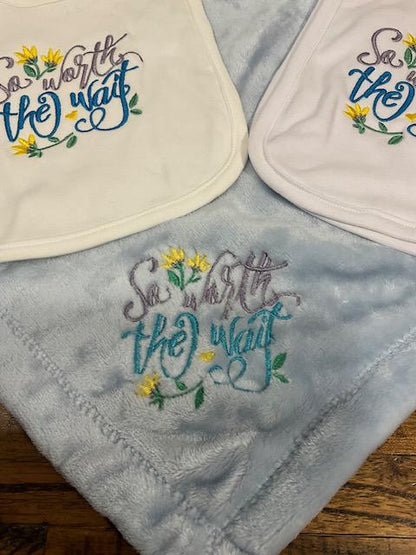 So Worth the Wait Baby Gift Set | Embroidered Bib, Burp Cloth & Lovie | Gender Neutral Baby Shower Gift | Choose Your Pieces
