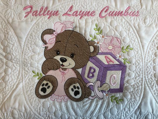 Pink Baby Girl Bear Quilt | Embroidered Bear with Blocks | Personalized Baby Blanket | Baby Shower Gift for Girls | Nursery Keepsake