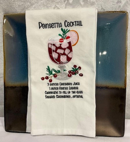 Christmas Cocktail Recipe Tea Towels – Poinsettia, Candy Cane Martini & The Grinchh – Embroidered Holiday Kitchen Decor