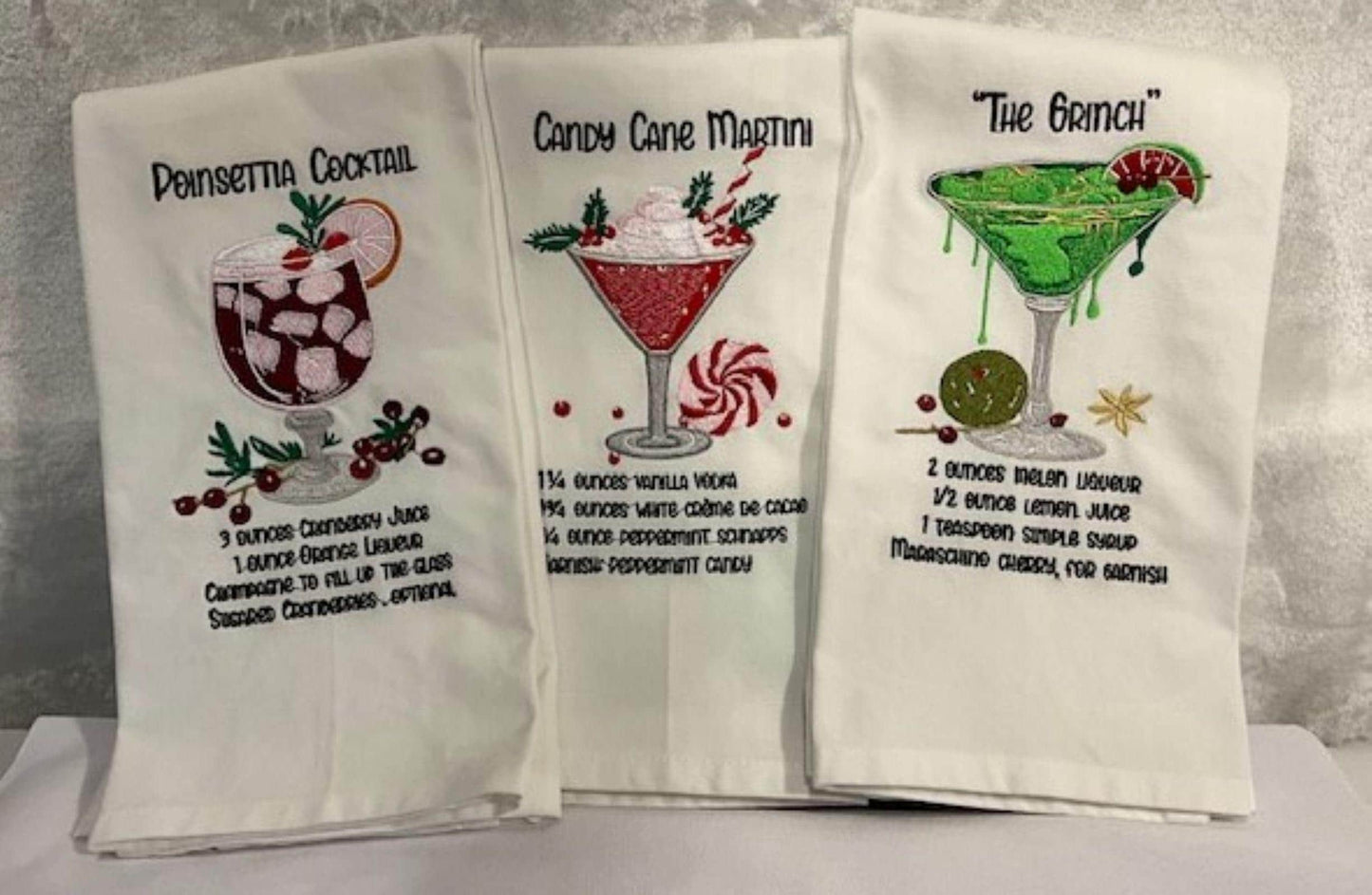 Christmas Cocktail Recipe Tea Towels – Poinsettia, Candy Cane Martini & The Grinchh – Embroidered Holiday Kitchen Decor