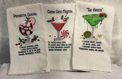 Christmas Cocktail Recipe Tea Towels – Poinsettia, Candy Cane Martini & The Grinchh – Embroidered Holiday Kitchen Decor