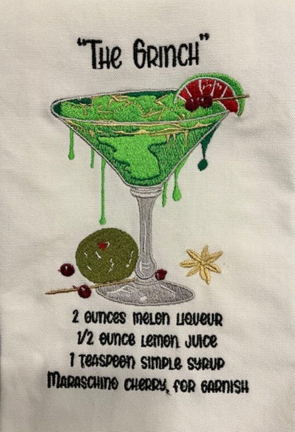 Christmas Cocktail Recipe Tea Towels – Poinsettia, Candy Cane Martini & The Grinchh – Embroidered Holiday Kitchen Decor