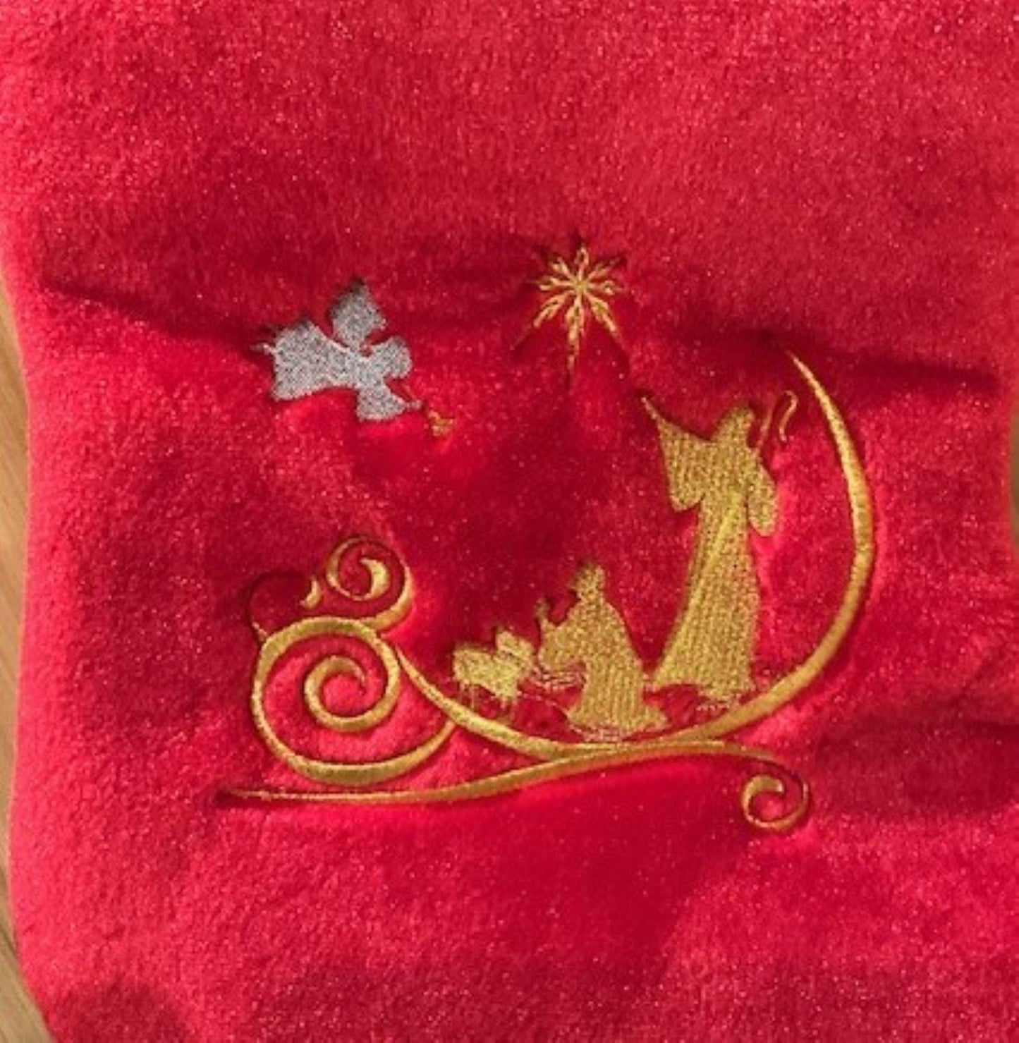Bethlehem Collection -Set of 4 Jumbo Red Plush Christmas Stockings – 19” Oversized Stockings Embroidered  – Elegant Christian Holiday Decor