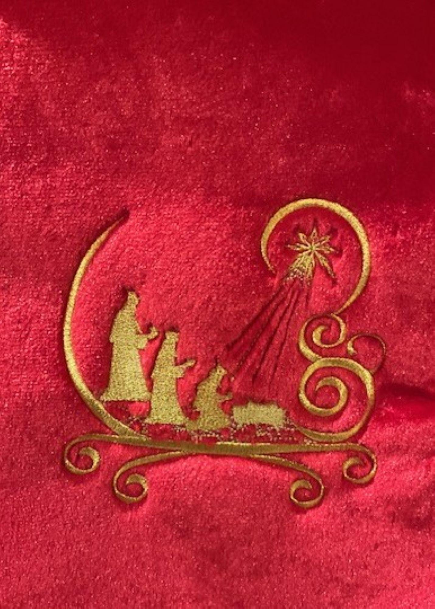 Bethlehem Collection -Set of 4 Jumbo Red Plush Christmas Stockings – 19” Oversized Stockings Embroidered  – Elegant Christian Holiday Decor