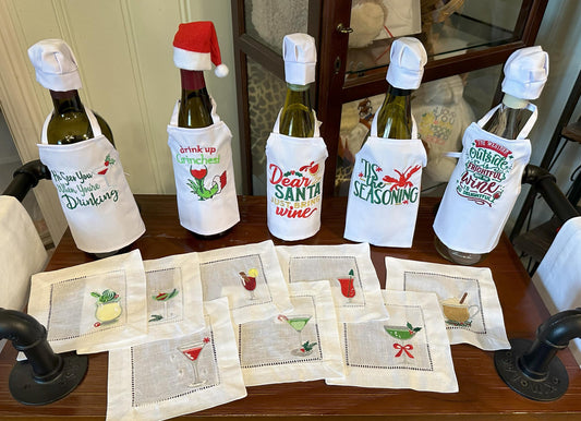 Christmas Embroidered Wine Bottle Apron – Holiday Spirits