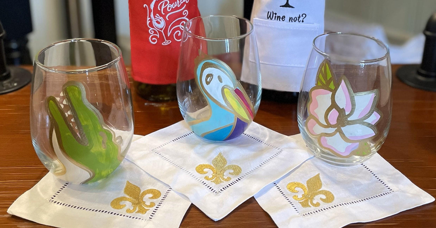 Hand-Painted Cajun Wine Glass | Louisiana Art | Unique Mardi Gras Gift | Crawfish | Fleur-de-lis | Custom Southern Glassware