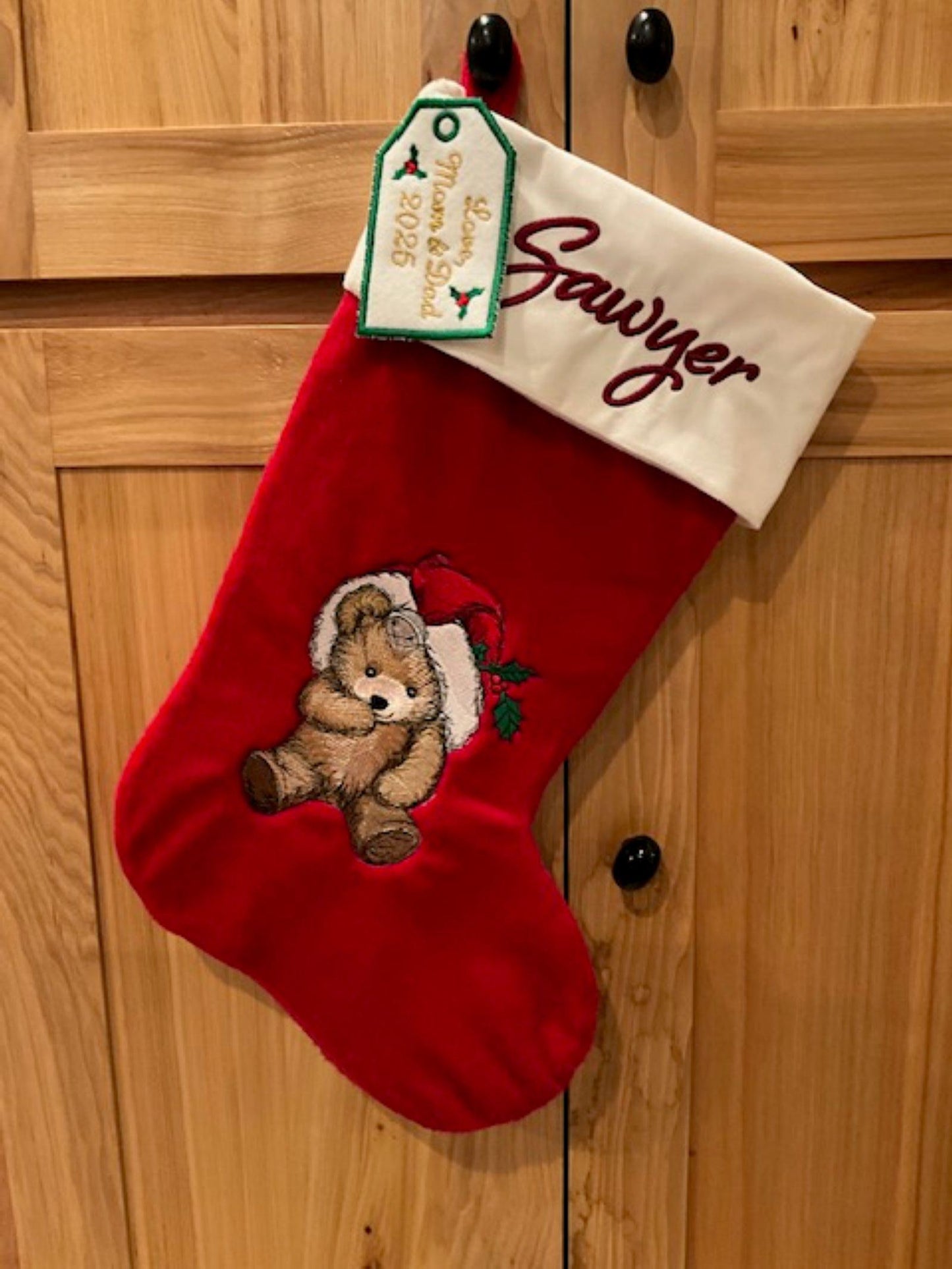 19" My First Christmas Stocking | Personalized Baby Keepsake Embroidered Teddy Bear | Red Stocking | Holiday Heirloom Gift