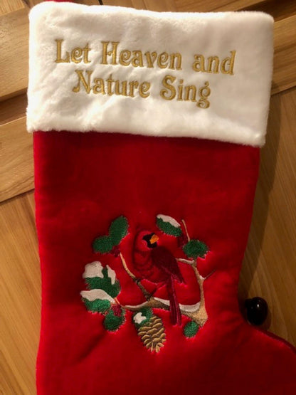 Let Heaven and Nature Sing Stocking – Embroidered 19” Red Christmas Stocking with Cardinal Design – Legacy of Love Keepsake
