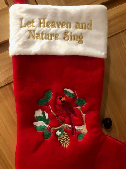 Let Heaven and Nature Sing Stocking – Embroidered 19” Red Christmas Stocking with Cardinal Design – Legacy of Love Keepsake