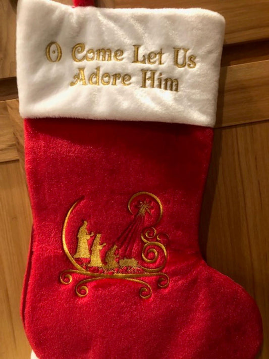 Bethlehem Collection -Set of 4 Jumbo Red Plush Christmas Stockings – 19” Oversized Stockings Embroidered  – Elegant Christian Holiday Decor