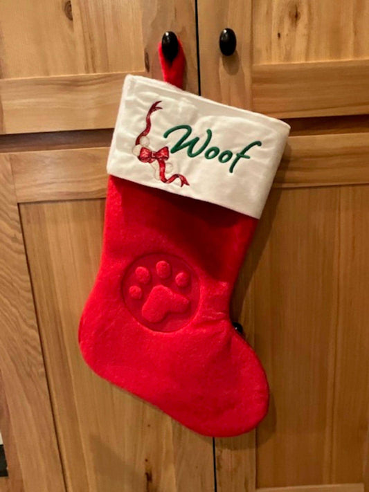 Embroidered Embossed Red Dog or Cat Christmas Stocking