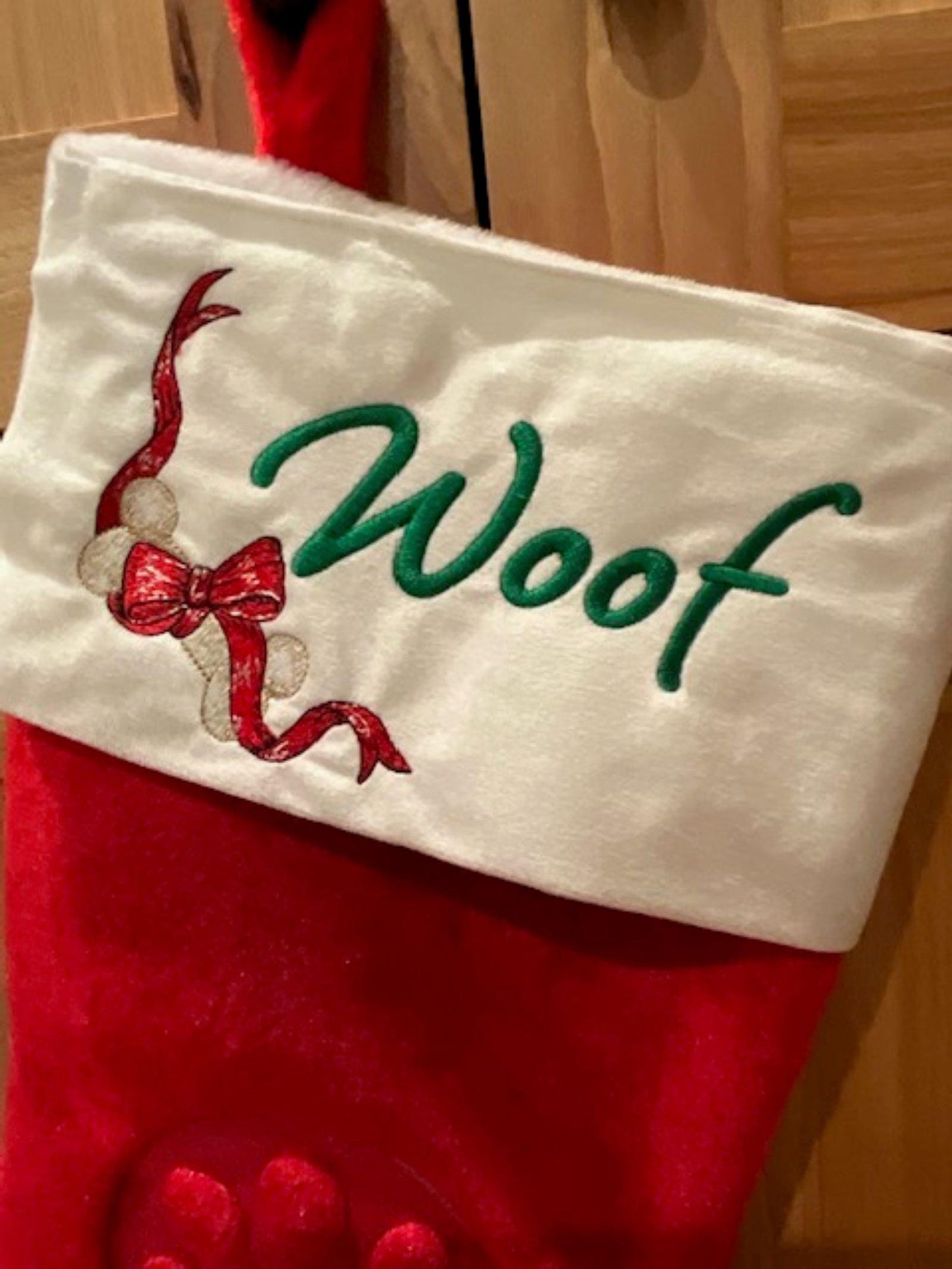 Embroidered Embossed Red Dog or Cat Christmas Stocking