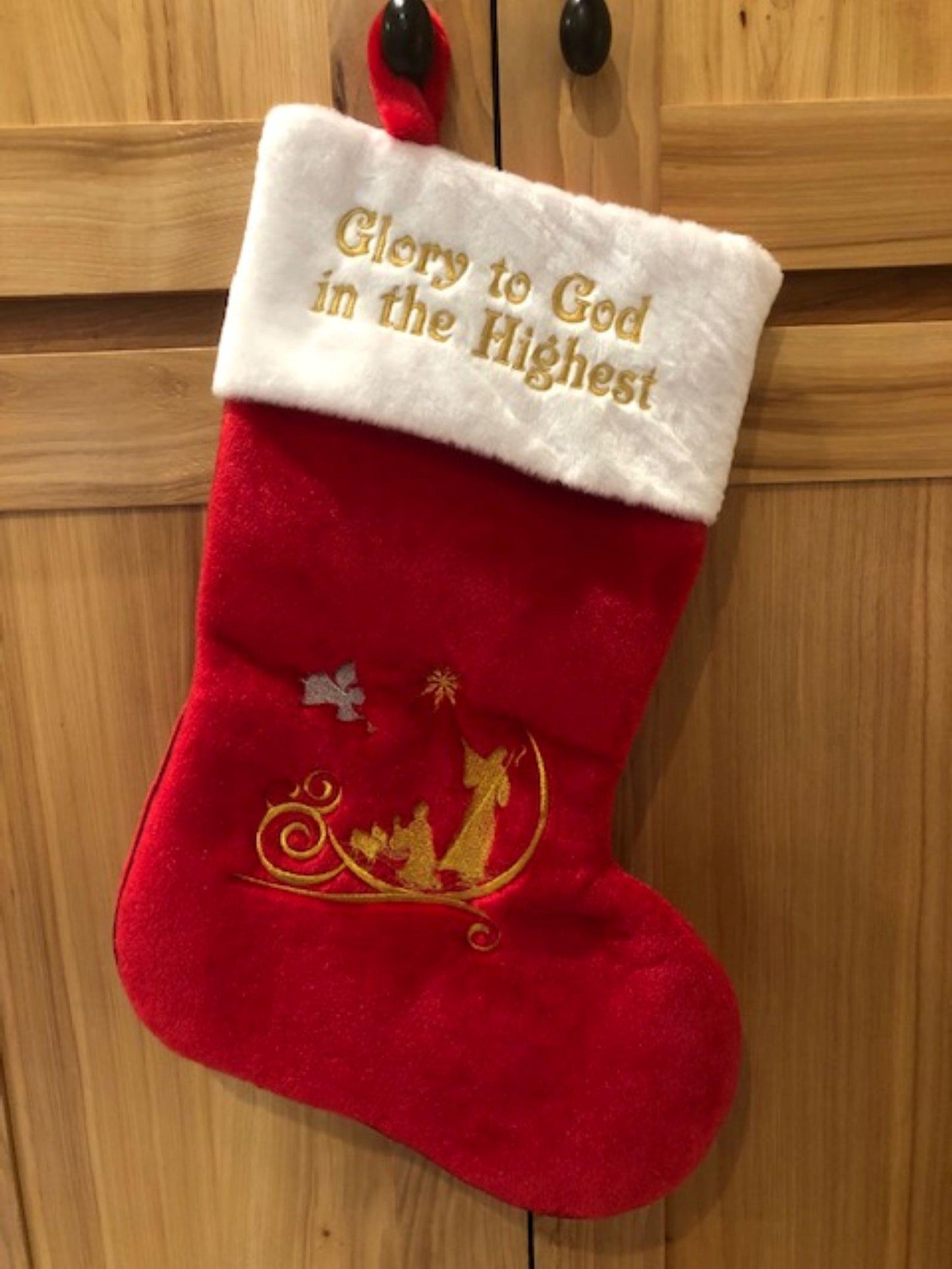Bethlehem Collection -Set of 4 Jumbo Red Plush Christmas Stockings – 19” Oversized Stockings Embroidered  – Elegant Christian Holiday Decor