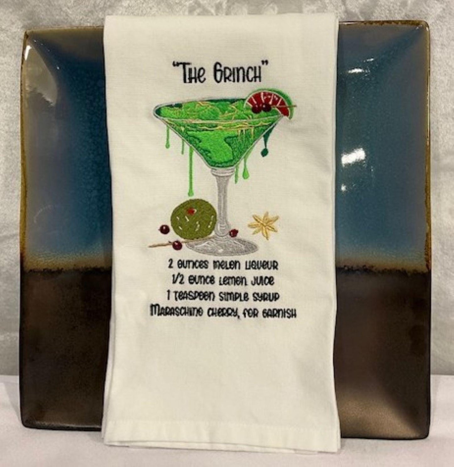 Christmas Cocktail Recipe Tea Towels – Poinsettia, Candy Cane Martini & The Grinchh – Embroidered Holiday Kitchen Decor
