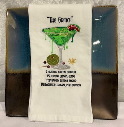 Christmas Cocktail Recipe Tea Towels – Poinsettia, Candy Cane Martini & The Grinchh – Embroidered Holiday Kitchen Decor