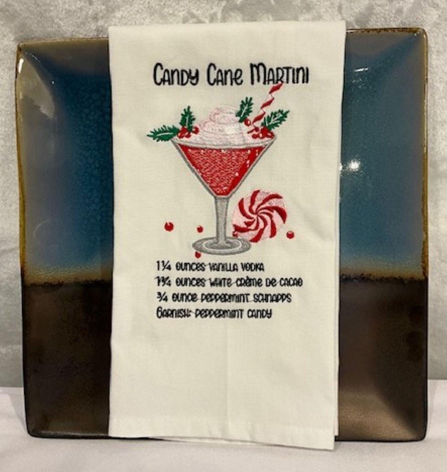 Christmas Cocktail Recipe Tea Towels – Poinsettia, Candy Cane Martini & The Grinchh – Embroidered Holiday Kitchen Decor