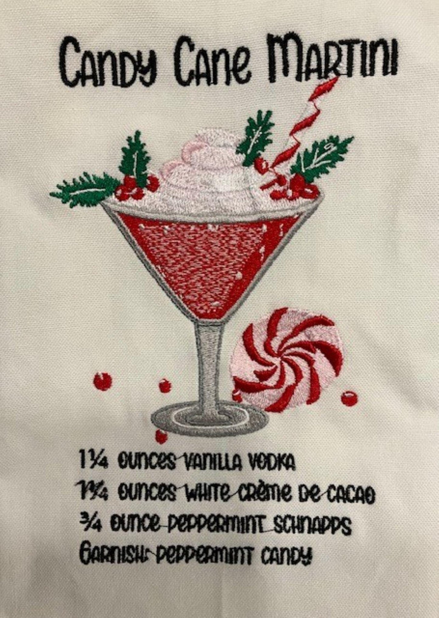 Christmas Cocktail Recipe Tea Towels – Poinsettia, Candy Cane Martini & The Grinchh – Embroidered Holiday Kitchen Decor