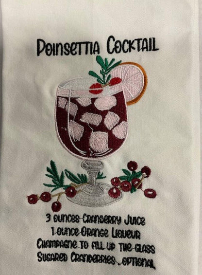 Christmas Cocktail Recipe Tea Towels – Poinsettia, Candy Cane Martini & The Grinchh – Embroidered Holiday Kitchen Decor