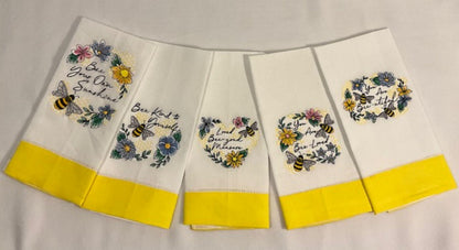 Bee-Inspired Dinner Napkins – Set of 5 Embroidered Napkins with Kindness Phrases – White or Yellow Trim