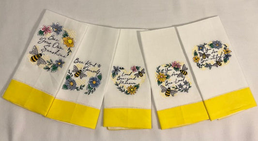 Bee-Inspired Dinner Napkins – Set of 5 Embroidered Napkins with Kindness Phrases – White or Yellow Trim