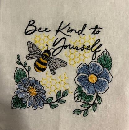 Bee-Inspired Dinner Napkins – Set of 5 Embroidered Napkins with Kindness Phrases – White or Yellow Trim
