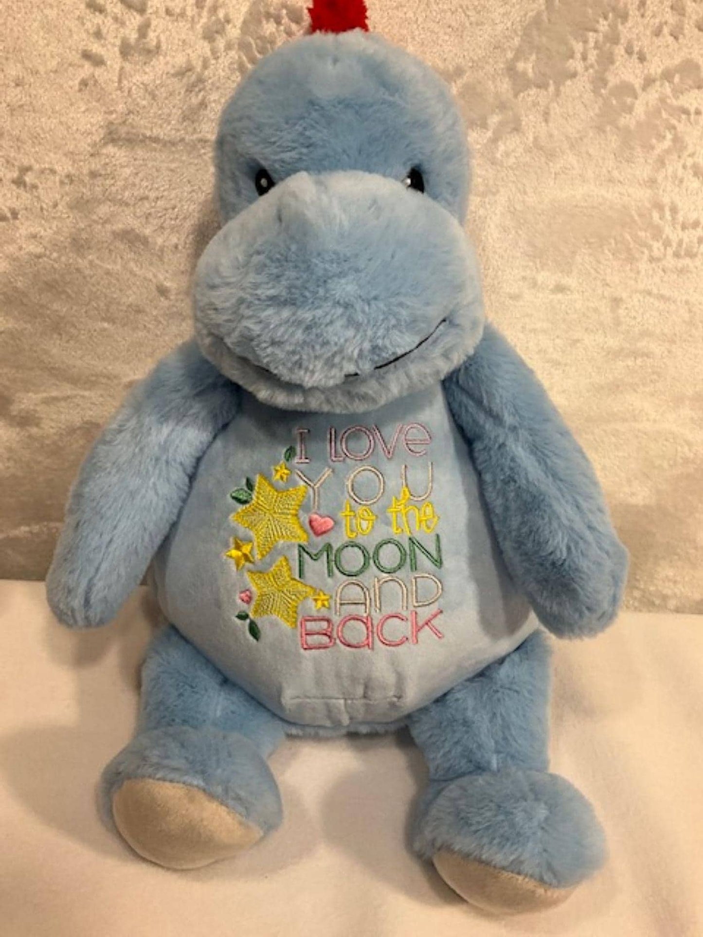 Blue Dinosaur Stuffed Animal – 16” Plush Dino with “Love You to the Moon and Back” Embroidered Belly  – Baby Shower or Birthday Gift