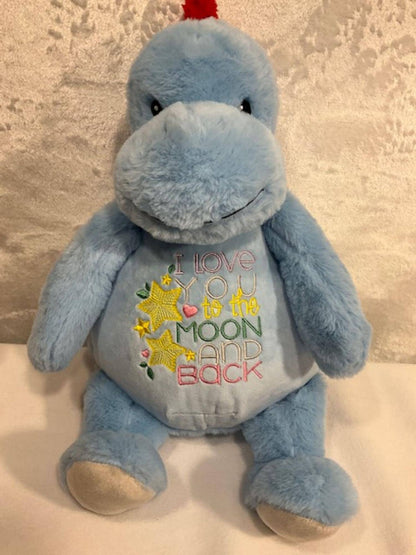 Blue Dinosaur Stuffed Animal – 16” Plush Dino with “Love You to the Moon and Back” Embroidered Belly  – Baby Shower or Birthday Gift