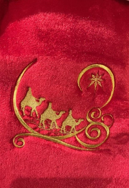 Bethlehem Collection -Set of 4 Jumbo Red Plush Christmas Stockings – 19” Oversized Stockings Embroidered  – Elegant Christian Holiday Decor