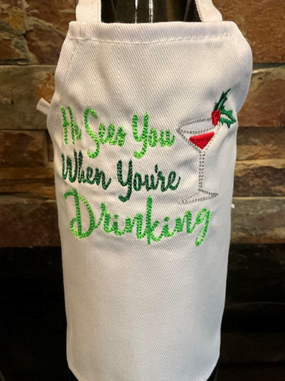 Christmas Embroidered Wine Bottle Apron – Holiday Spirits