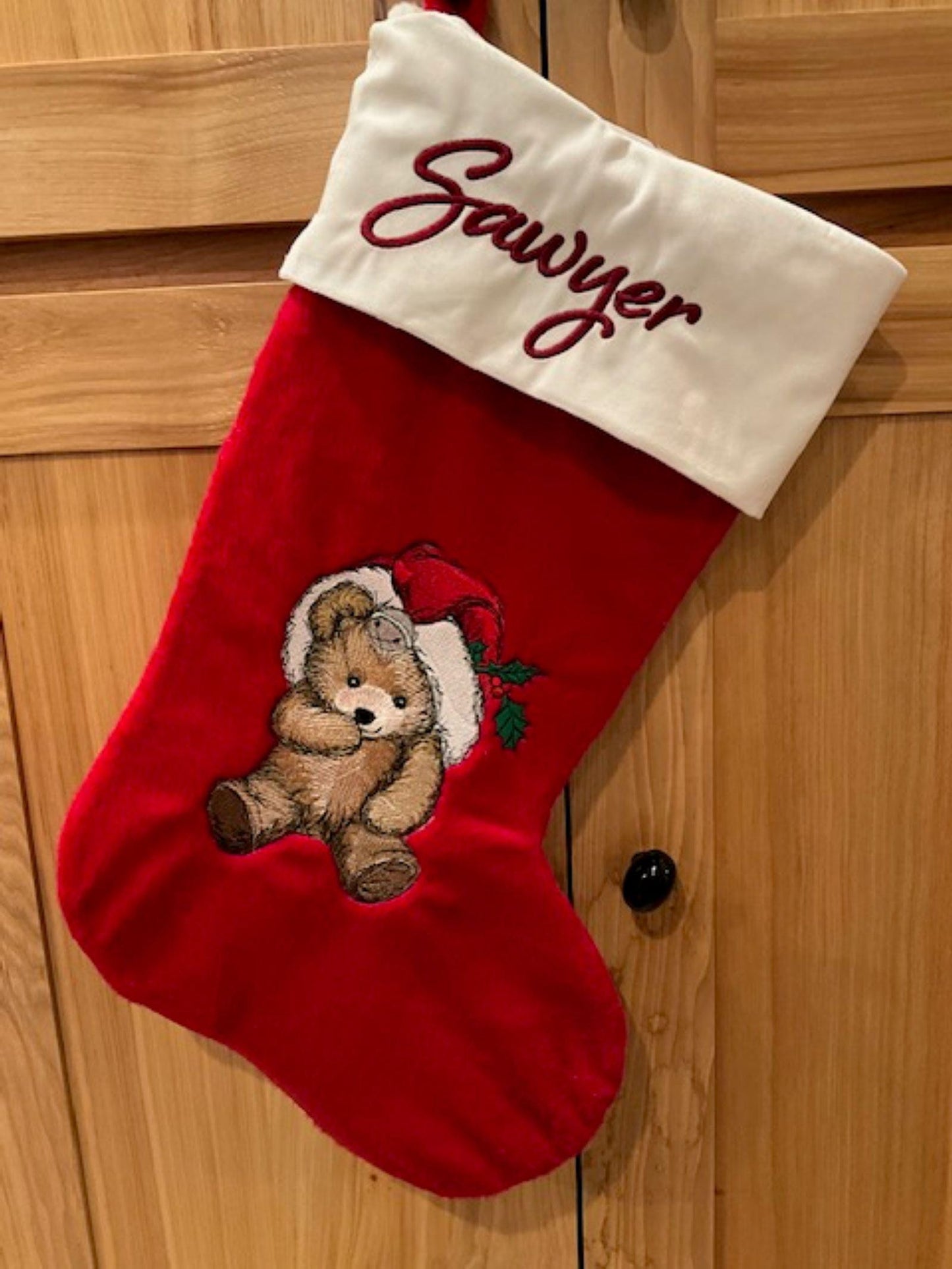 19" My First Christmas Stocking | Personalized Baby Keepsake Embroidered Teddy Bear | Red Stocking | Holiday Heirloom Gift