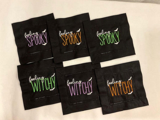 Set of 6 Black Halloween Cocktail Napkins – Embroidered “Feeling Witchy,” “Spooky” & More – Gothic Bar Decor