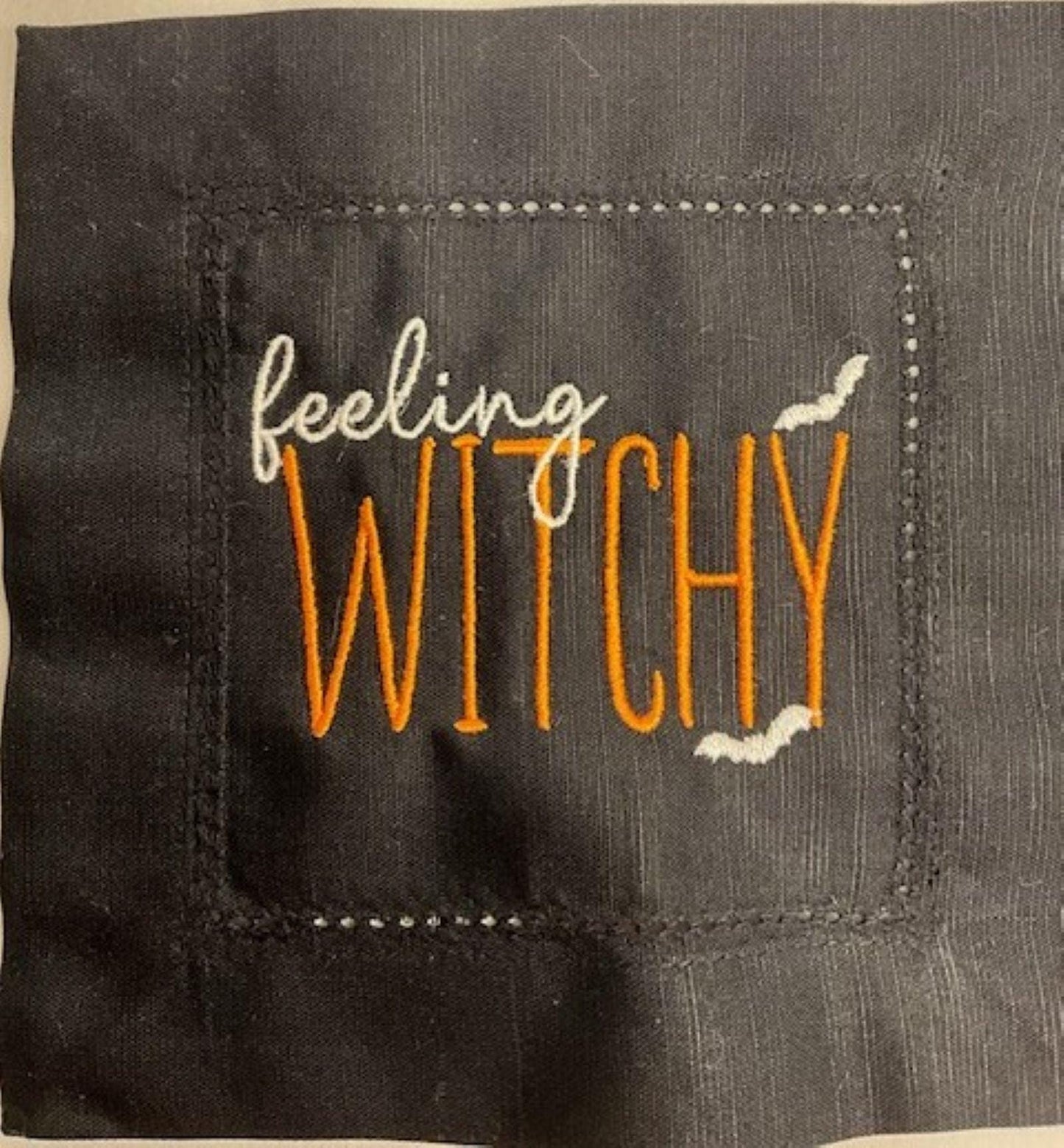 Set of 6 Black Halloween Cocktail Napkins – Embroidered “Feeling Witchy,” “Spooky” & More – Gothic Bar Decor