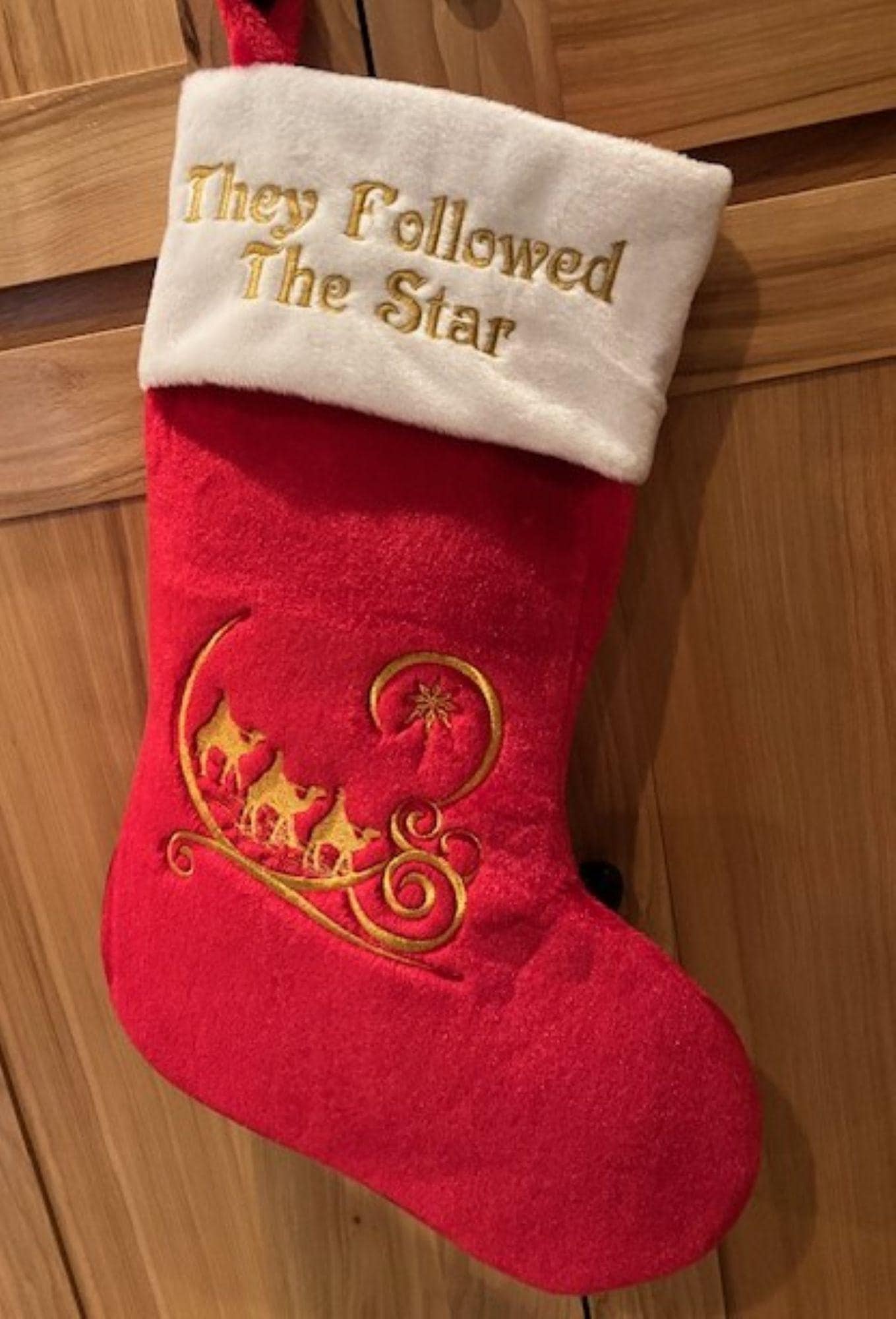 Bethlehem Collection -Set of 4 Jumbo Red Plush Christmas Stockings – 19” Oversized Stockings Embroidered  – Elegant Christian Holiday Decor