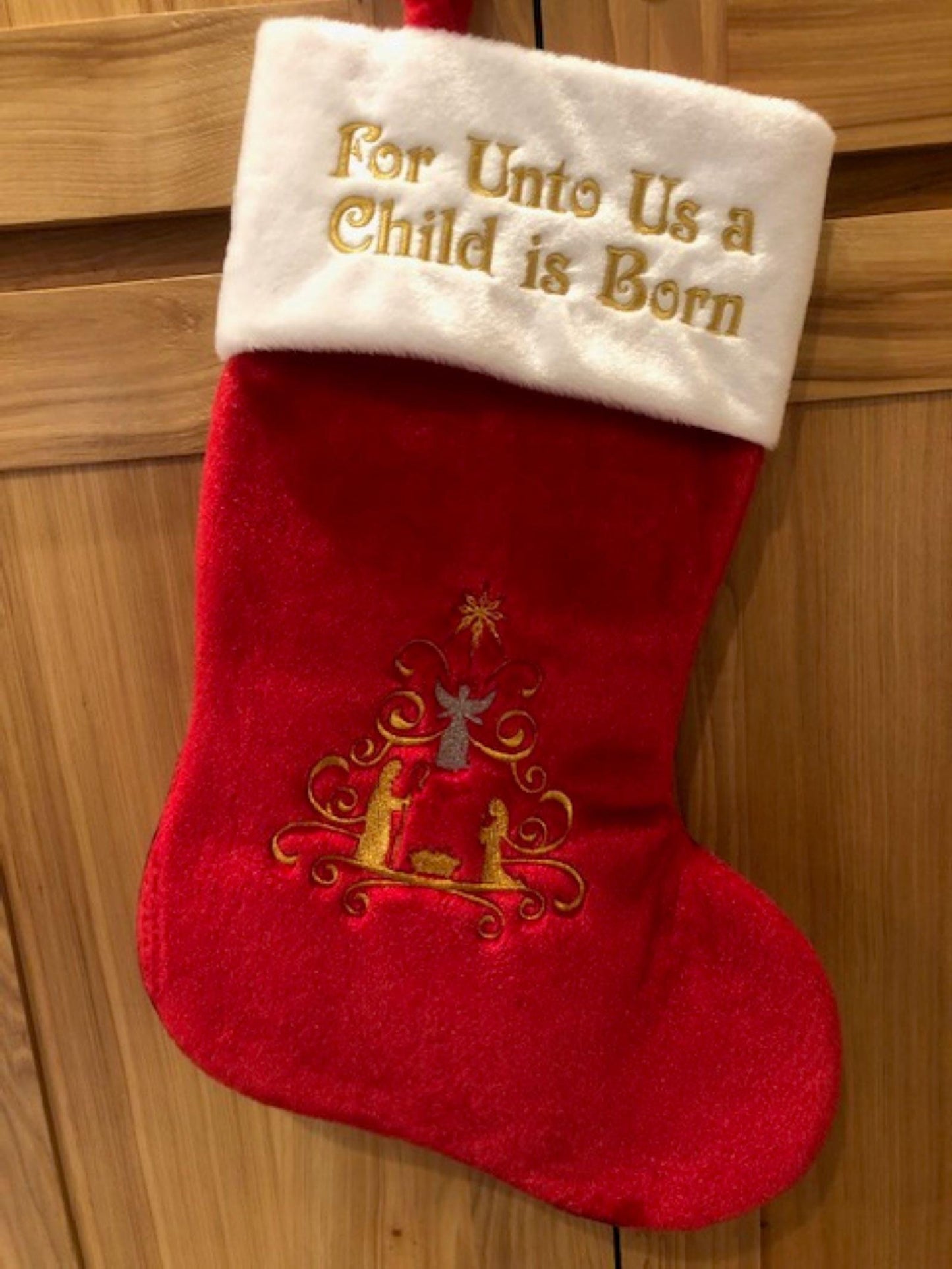 Bethlehem Collection -Set of 4 Jumbo Red Plush Christmas Stockings – 19” Oversized Stockings Embroidered  – Elegant Christian Holiday Decor