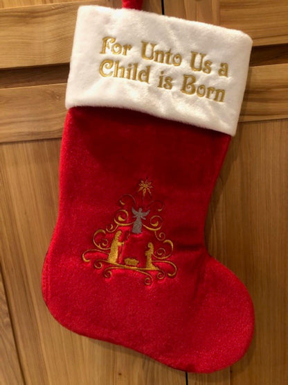 Bethlehem Collection -Set of 4 Jumbo Red Plush Christmas Stockings – 19” Oversized Stockings Embroidered  – Elegant Christian Holiday Decor