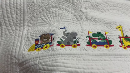 Baby Quilt, Train Quilt, Zoo Animals Train Quilt, Personalized Quilt, Embroidered baby blanket, Customized,